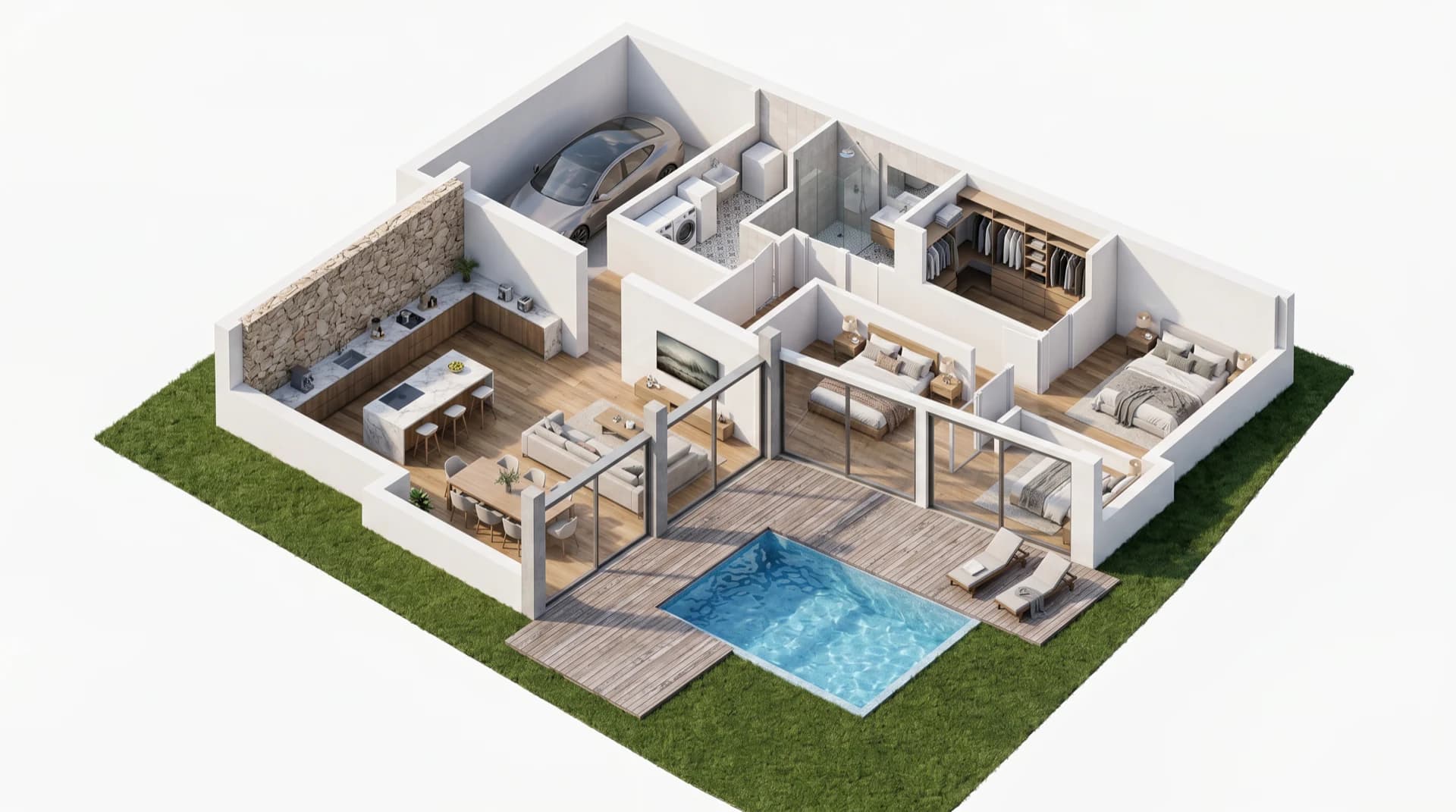 Vista 3D del modelo Marea: 3 dormitorios, salón, cocina con isla, garaje, lavandería, porche y piscina