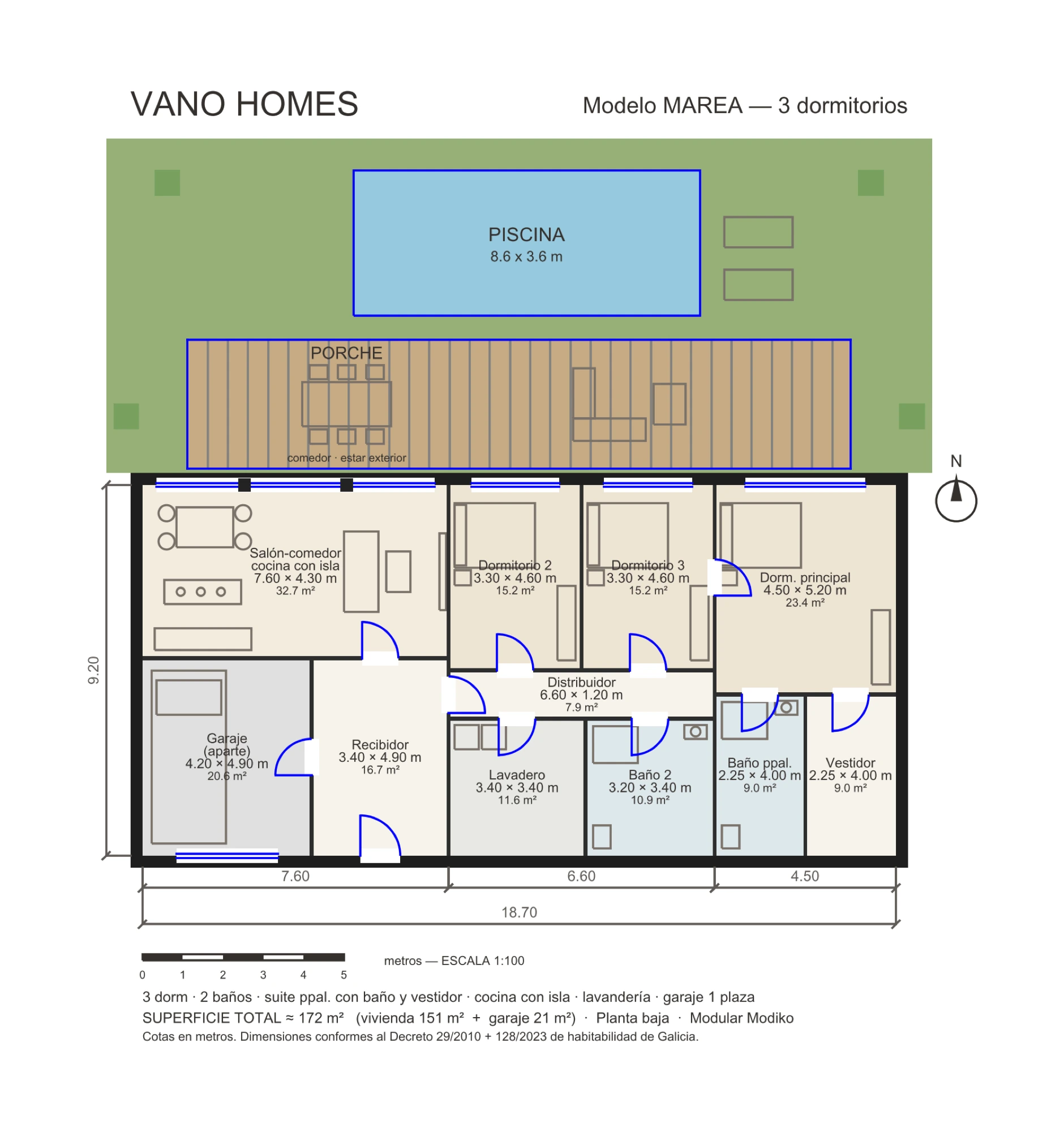 Plano de planta 2D acotado del modelo Marea a escala 1:100