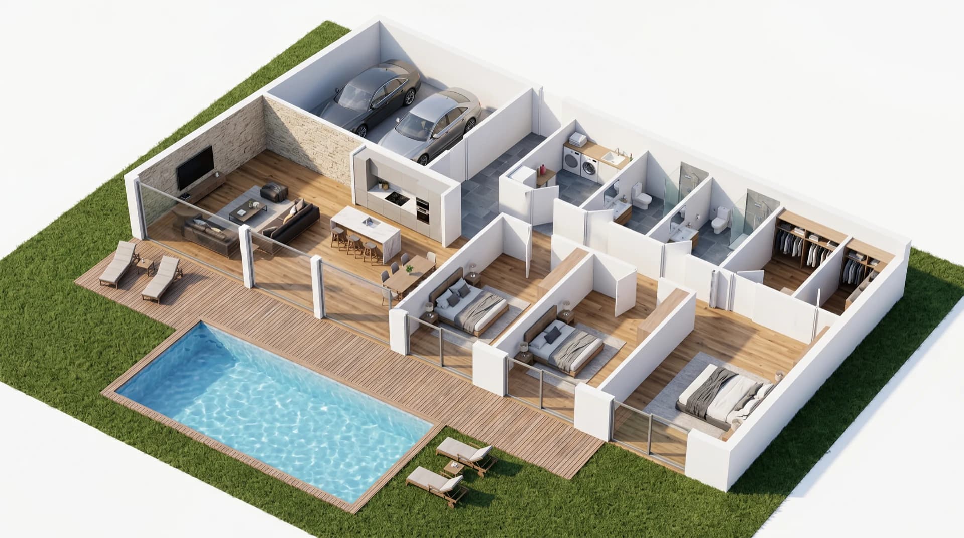 Vista 3D del modelo Sierra: 4 dormitorios, salón, cocina con isla, garaje, lavandería, porche y piscina